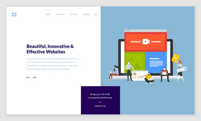 網頁設計模板集。現代矢量插畫概念為網站和移動網站開發, Seo, 移動應用, 業務解決方案。易于編輯和自定義