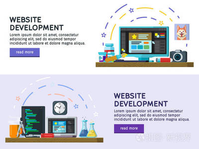 平面設計現代矢量圖的概念。平面彩色橫幅設計一套。網站開發,網頁設計?，F代平面設計中的 Web 橫幅,網站元素。編程和編碼