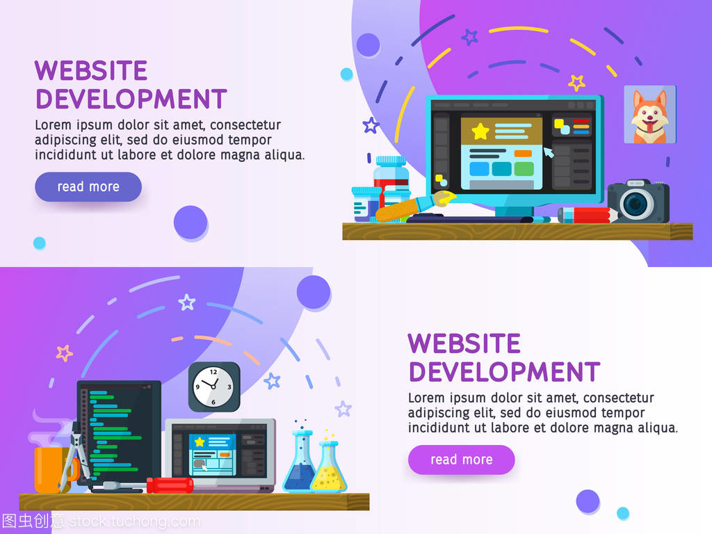 平面設計現代矢量插畫概念。業務流程集平面彩色橫幅設計。網站開發, 網頁設計?，F代平面設計2018。網站元素。矢量插圖