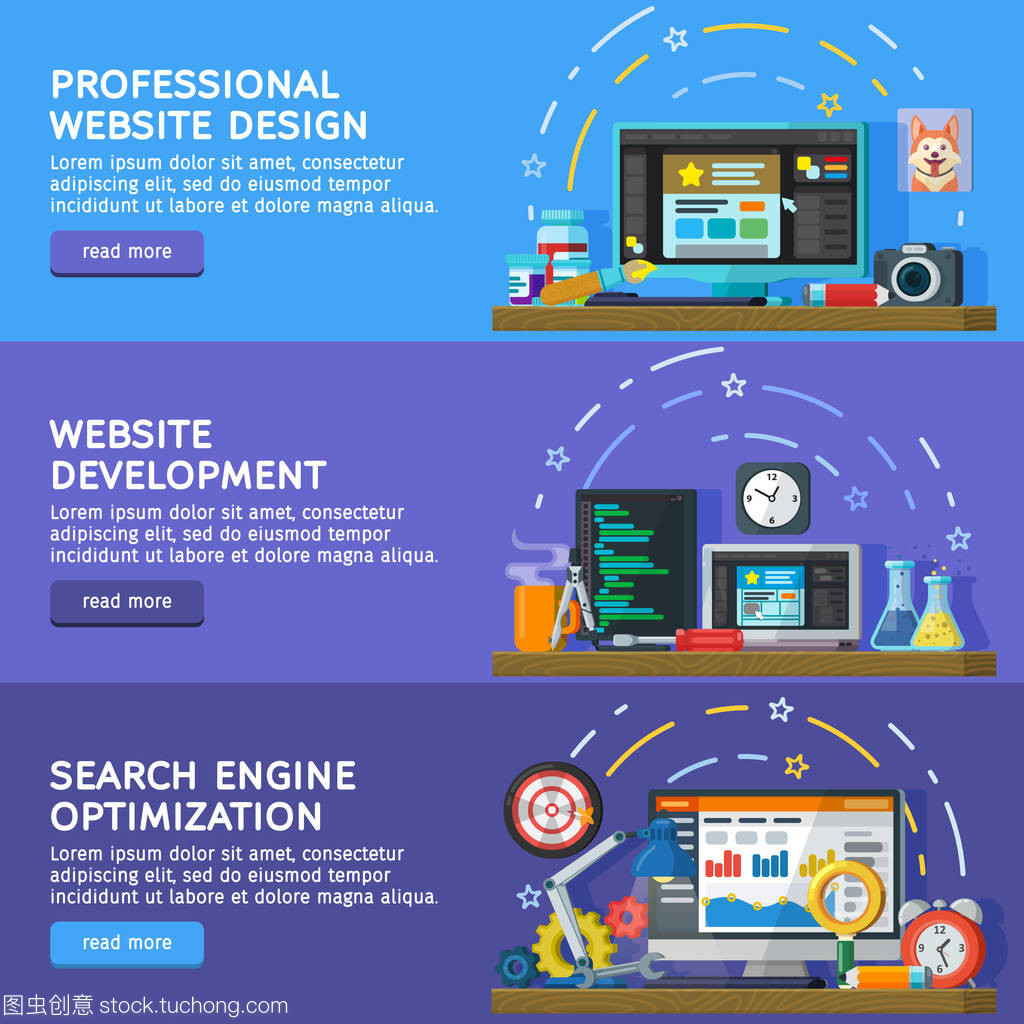 橫向平面樣式的廣告橫幅。設置為 web 橫幅。網站和應用程序的開發。網頁設計。編程和編碼。搜索優化、 Seo 和市場營銷。矢量圖